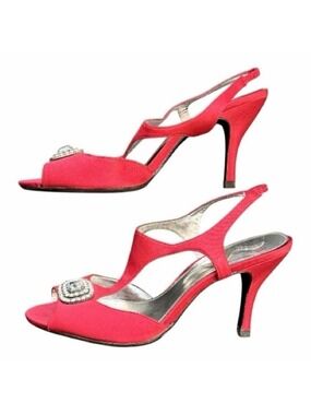 Nina Red Satin Embellished Slingback 3.5” Heels Size 7.5 Leather Soles Peep-toe